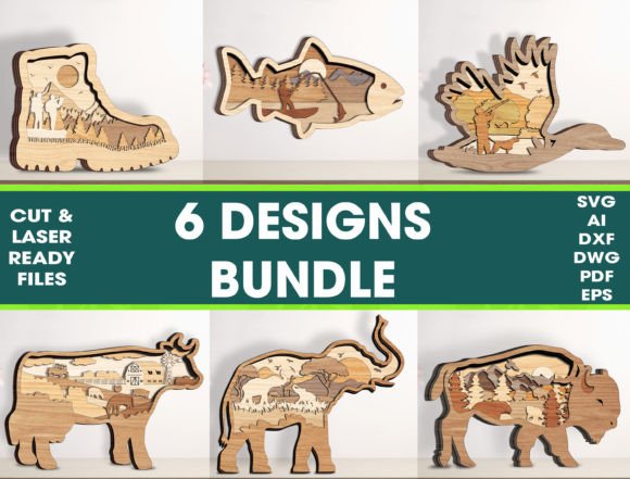 Bundle 6 Designs Layered Animal Cut File