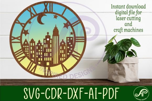 City Scene Wall Clock Laser Cut Template
